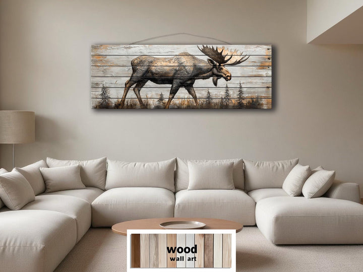 Moose In The Forest Real Wood Long Horizontal Rustic Wall Art For Cabin Decor