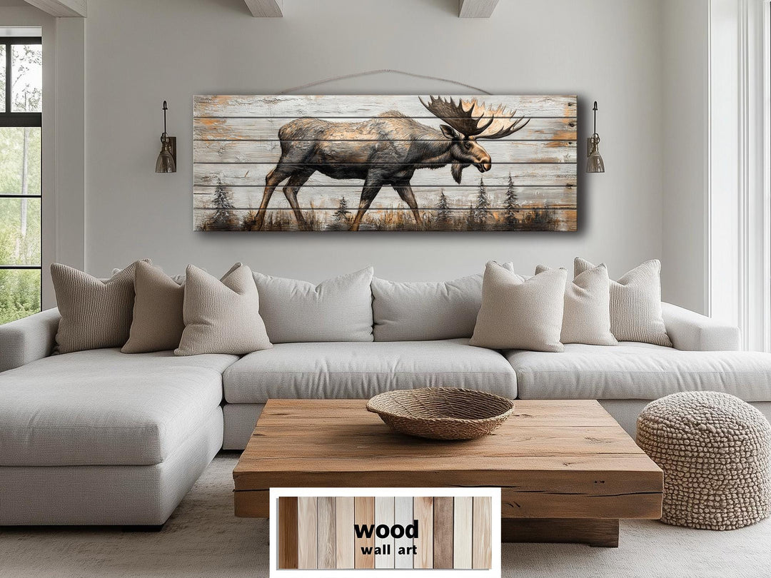 Moose In The Forest Real Wood Long Horizontal Rustic Wall Art For Cabin Decor