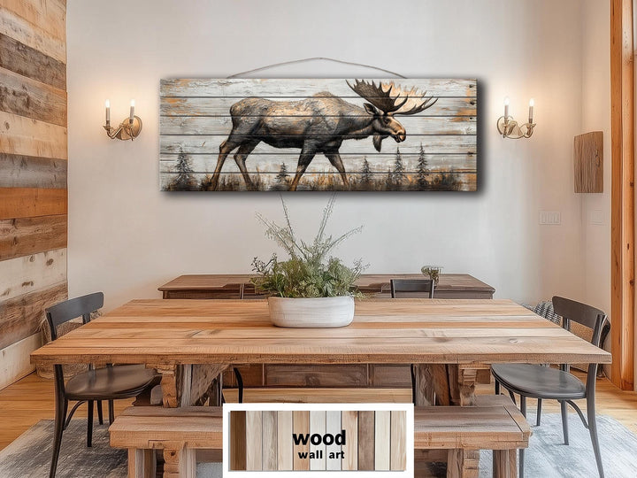 Moose In The Forest Real Wood Long Horizontal Rustic Wall Art For Cabin Decor