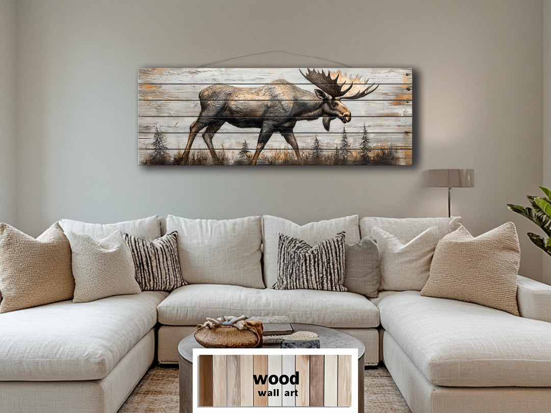 Moose In The Forest Real Wood Long Horizontal Rustic Wall Art For Cabin Decor