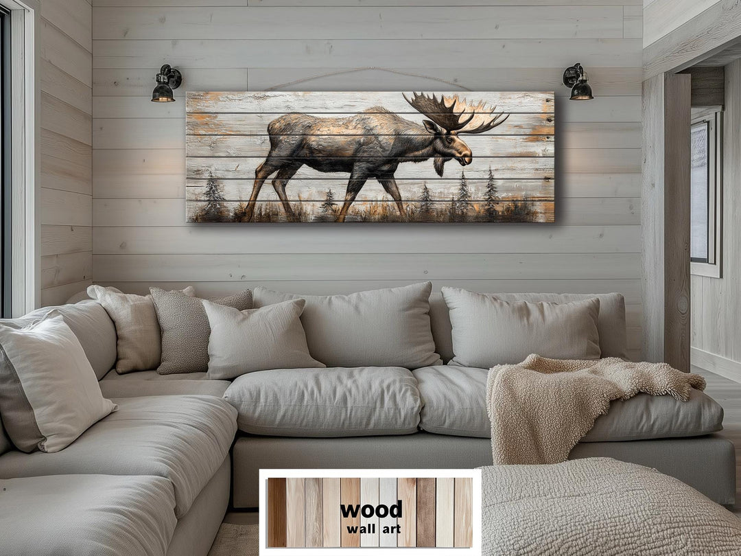 Moose In The Forest Real Wood Long Horizontal Rustic Wall Art For Cabin Decor