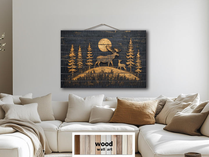 Moose and Calf Under Moonlight At Night In Pine Forest Rustic Wood Wall Art For Cabin Decor