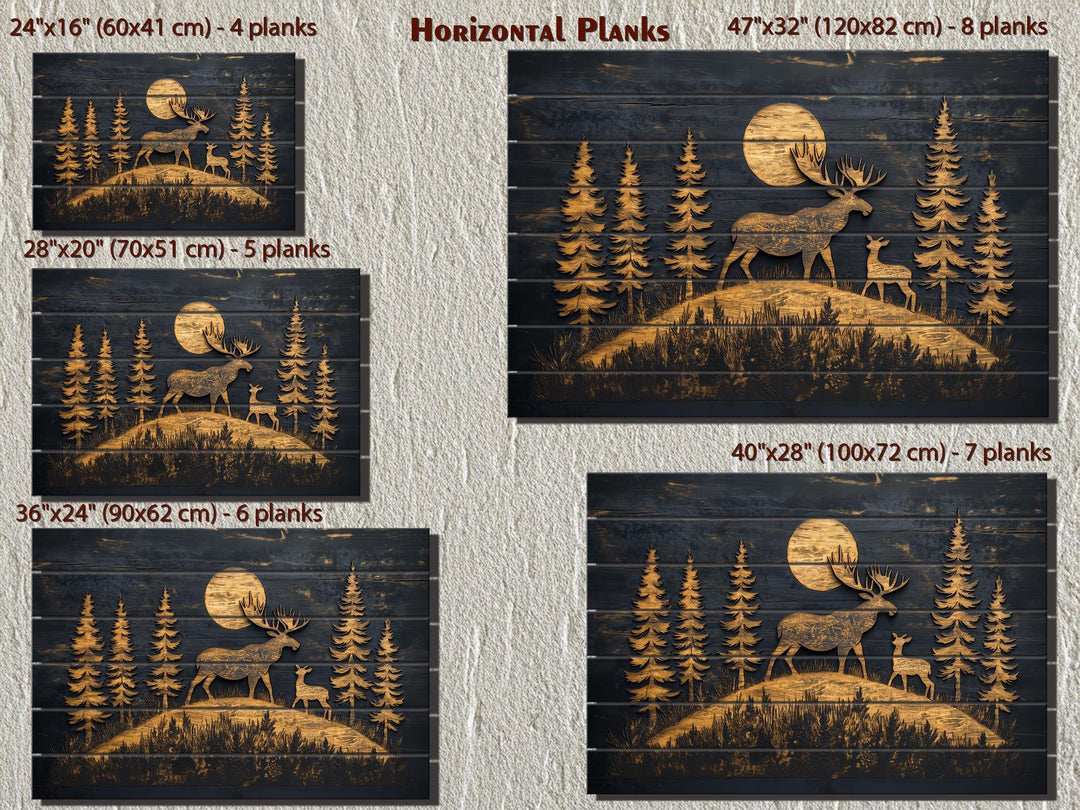 Moose and Calf Under Moonlight At Night In Pine Forest Rustic Wood Wall Art For Cabin Decor