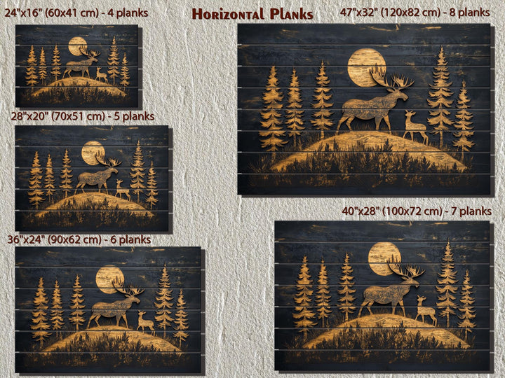 Moose and Calf Under Moonlight At Night In Pine Forest Rustic Wood Wall Art For Cabin Decor