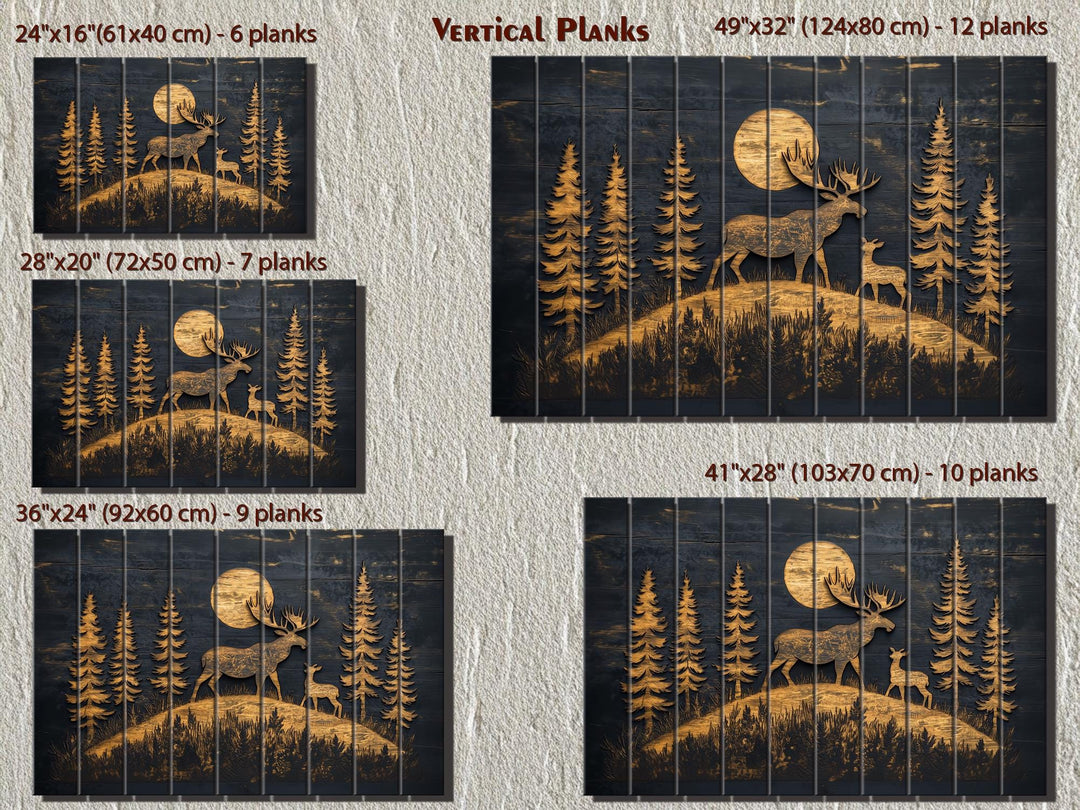 Moose and Calf Under Moonlight At Night In Pine Forest Rustic Wood Wall Art For Cabin Decor