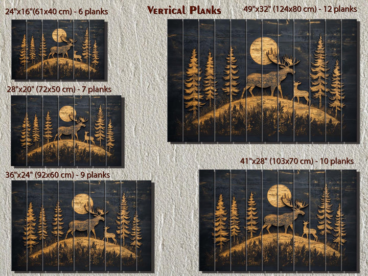 Moose and Calf Under Moonlight At Night In Pine Forest Rustic Wood Wall Art For Cabin Decor
