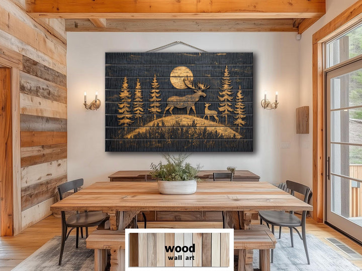 Moose and Calf Under Moonlight At Night In Pine Forest Rustic Wood Wall Art For Cabin Decor