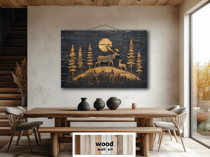 Moose and Calf Under Moonlight At Night In Pine Forest Rustic Wood Wall Art For Cabin Decor