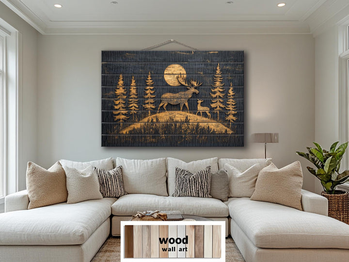 Moose and Calf Under Moonlight At Night In Pine Forest Rustic Wood Wall Art For Cabin Decor