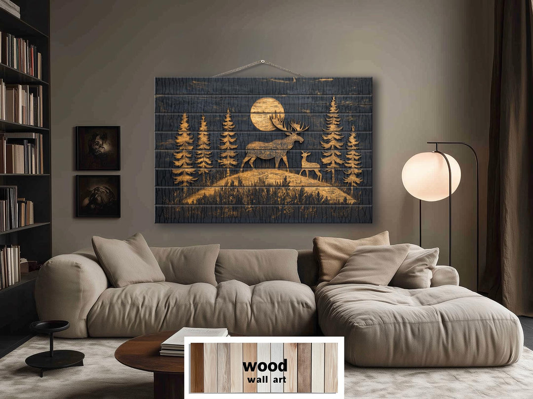 Moose and Calf Under Moonlight At Night In Pine Forest Rustic Wood Wall Art For Cabin Decor