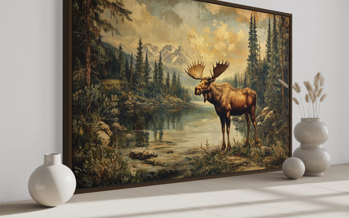 Moose in Mountain Wilderness Vintage Framed Canvas Wall Art