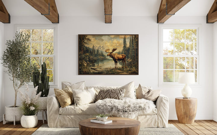 Moose in Mountain Wilderness Vintage Framed Canvas Wall Art
