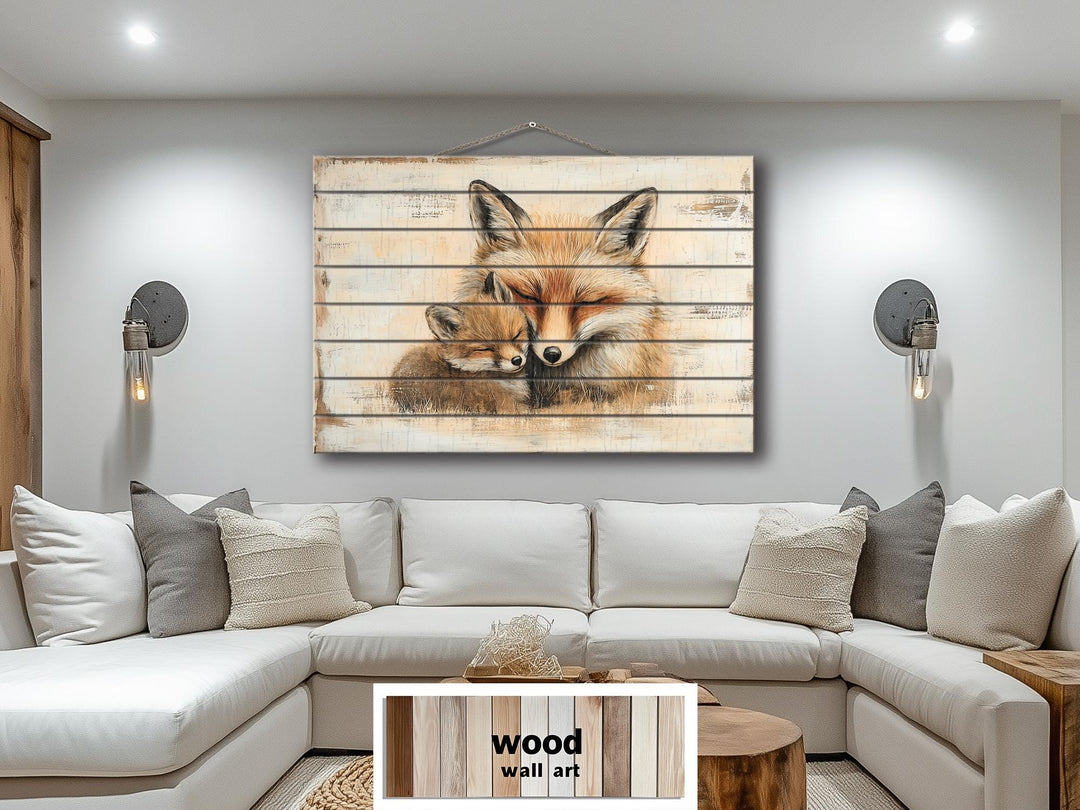 Mother Fox and Baby Fox Rustic Wood Wall Art For Cabin Decor