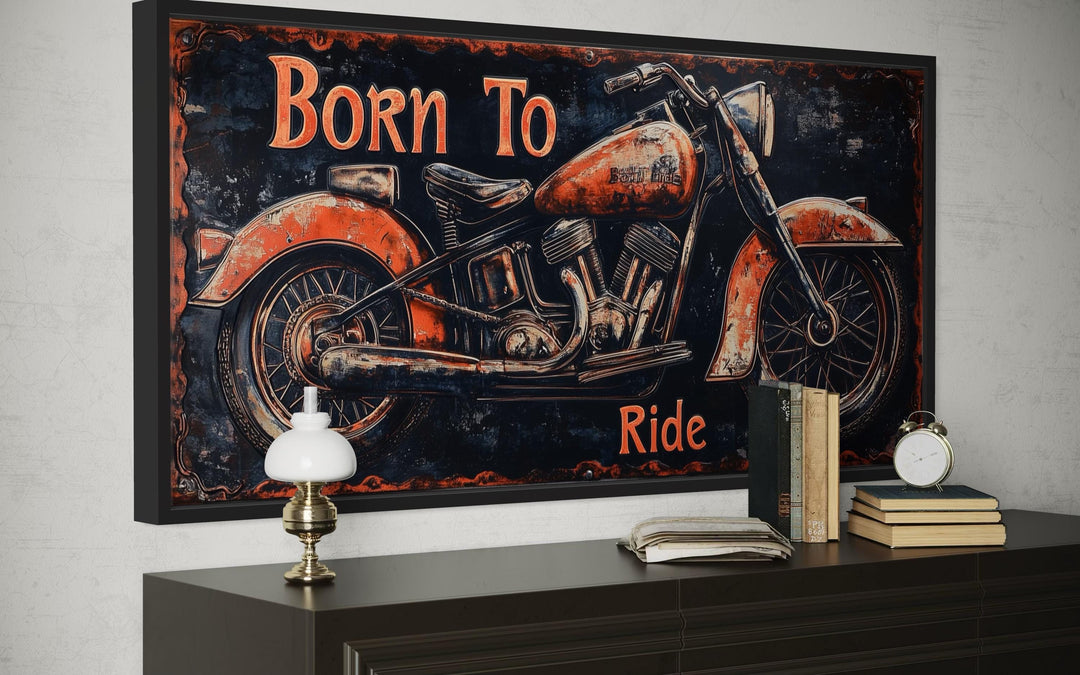 Motorcycle Wall Art - Born To Ride Sign With Vintage Red Bike Canvas Print