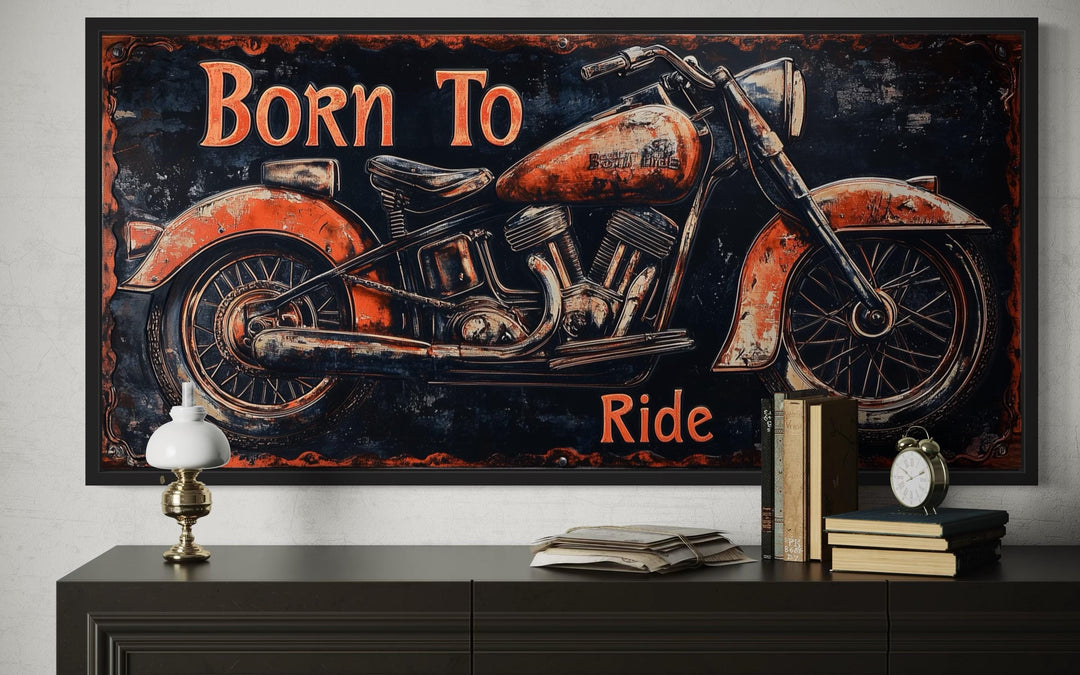 Motorcycle Wall Art - Born To Ride Sign With Vintage Red Bike Canvas Print
