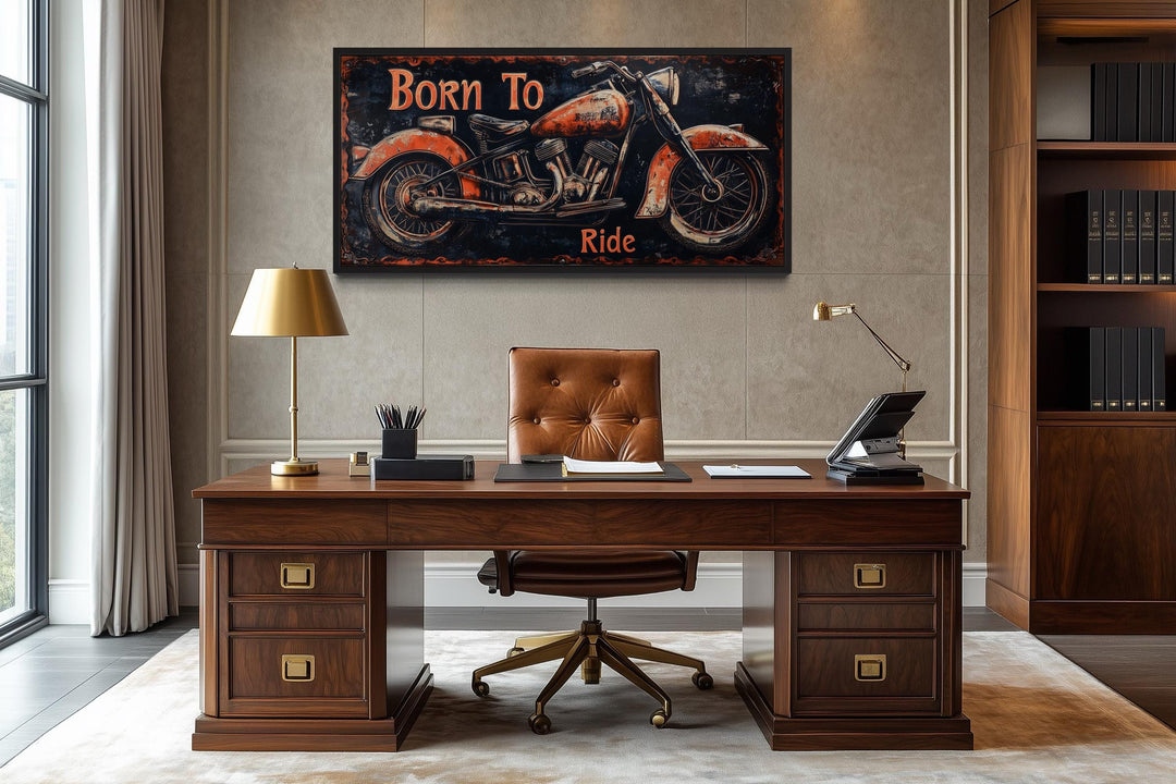 Motorcycle Wall Art - Born To Ride Sign With Vintage Red Bike Canvas Print