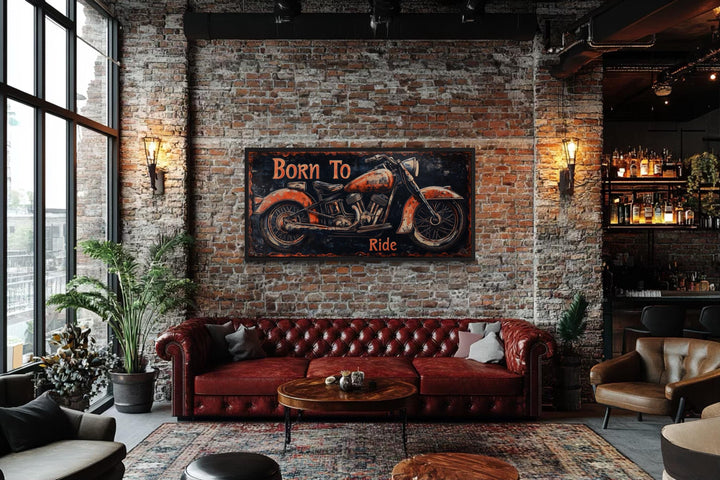 Motorcycle Wall Art - Born To Ride Sign With Vintage Red Bike Canvas Print