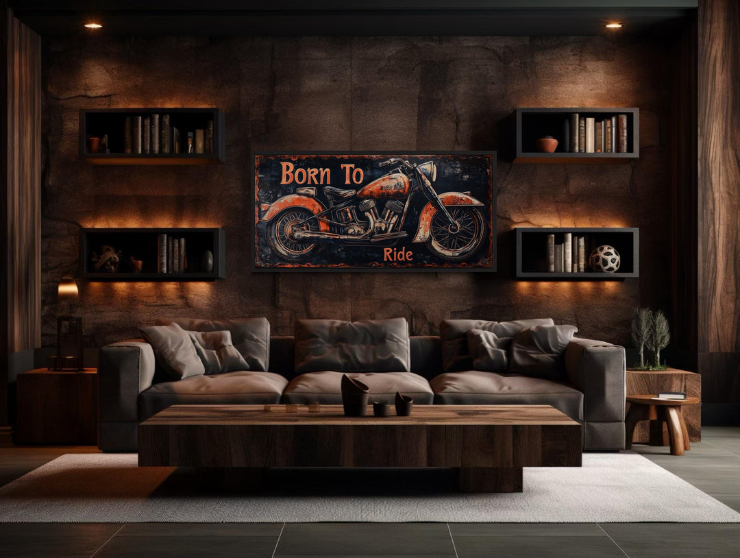 Motorcycle Wall Art - Born To Ride Sign With Vintage Red Bike Canvas Print