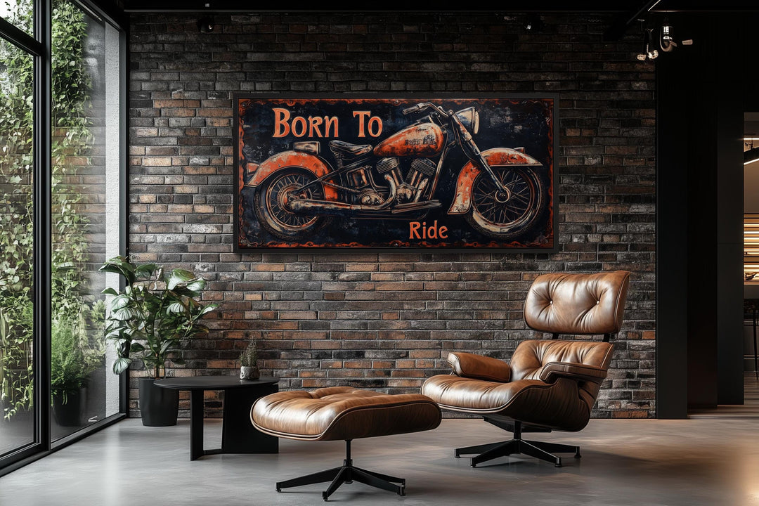 Motorcycle Wall Art - Born To Ride Sign With Vintage Red Bike Canvas Print