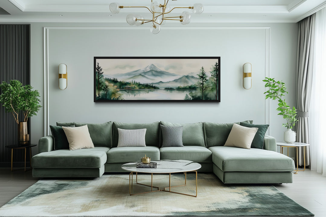 Mount Fuji And Lake Landscape Long Horizontal Framed Canvas Wall Art
