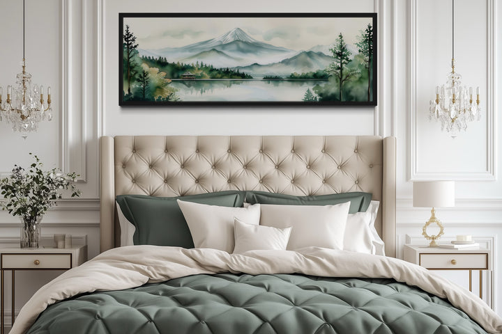 Mount Fuji And Lake Landscape Long Horizontal Framed Canvas Wall Art