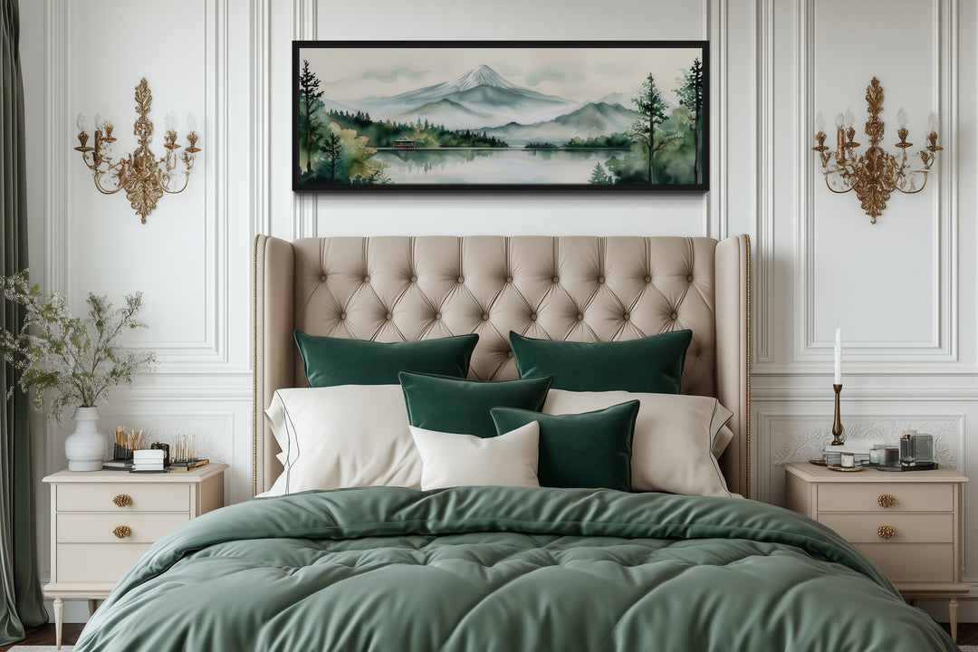 Mount Fuji And Lake Landscape Long Horizontal Framed Canvas Wall Art