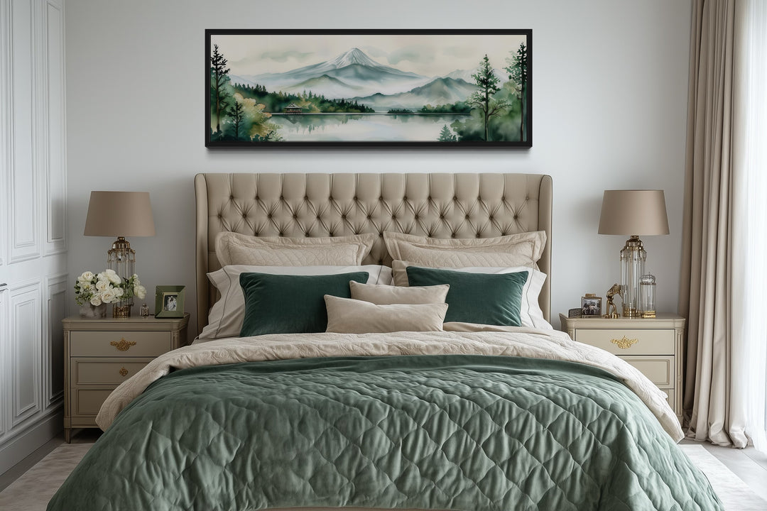 Mount Fuji And Lake Landscape Long Horizontal Framed Canvas Wall Art