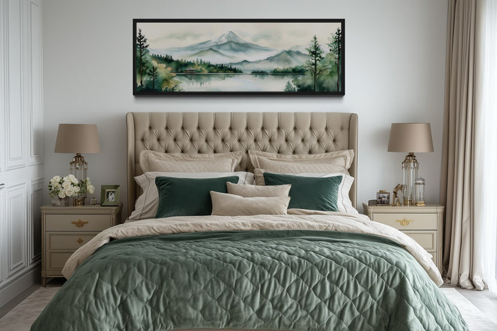 Mount Fuji And Lake Landscape Long Horizontal Framed Canvas Wall Art