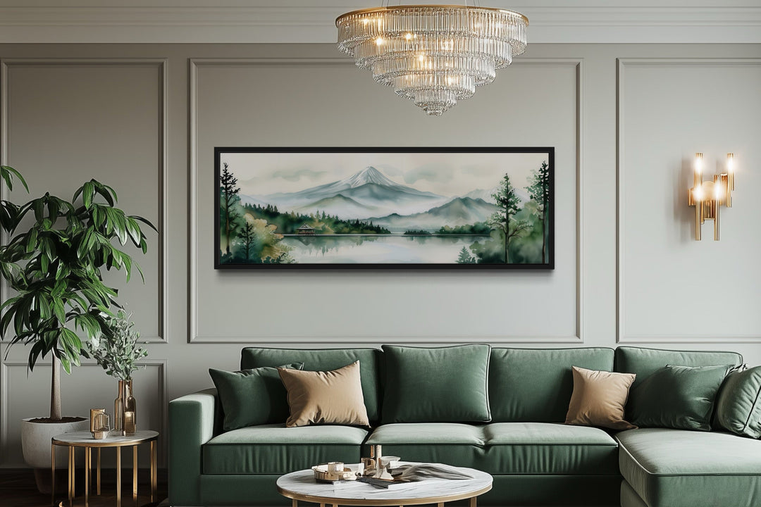 Mount Fuji And Lake Landscape Long Horizontal Framed Canvas Wall Art