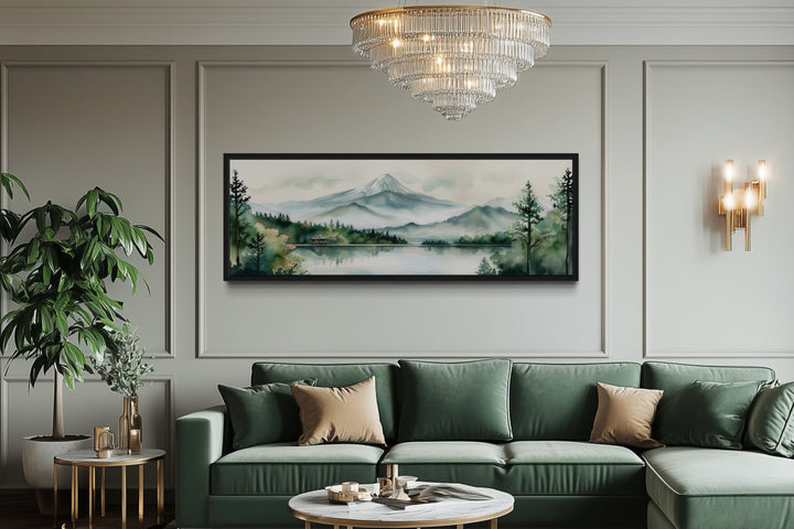 Mount Fuji And Lake Landscape Long Horizontal Framed Canvas Wall Art