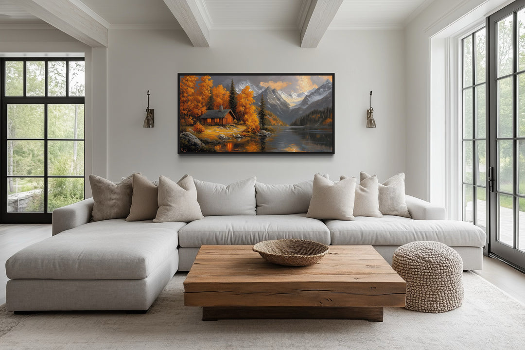 Mountain Cabin By The Lake In Autumn Framed Canvas Wall Art