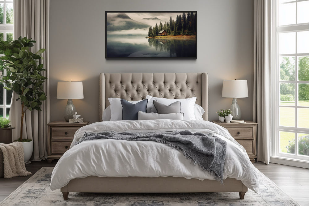 Mountain Cabin On The Lake Large Summer Landscape Framed Wall Art