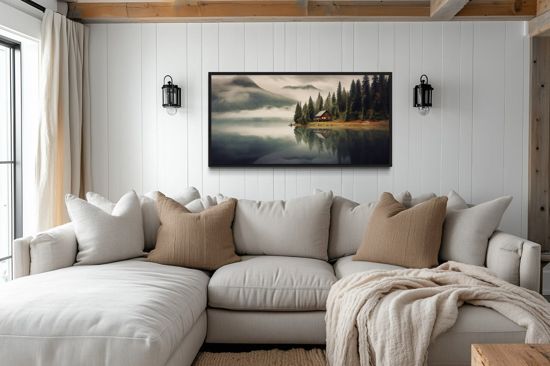 Mountain Cabin On The Lake Large Summer Landscape Framed Wall Art