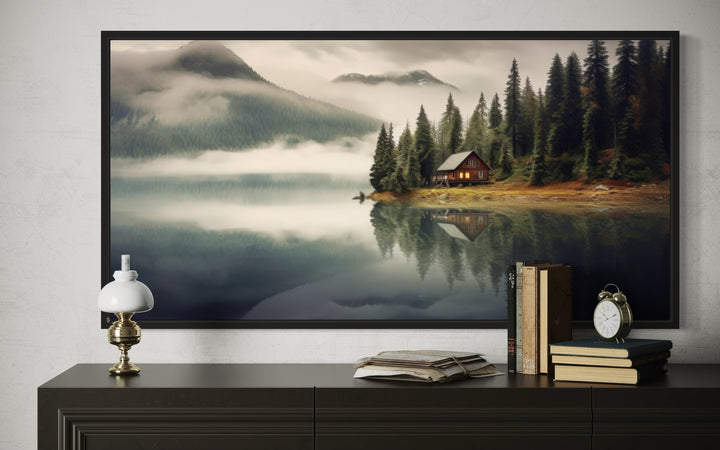 Mountain Cabin On The Lake Large Summer Landscape Framed Wall Art