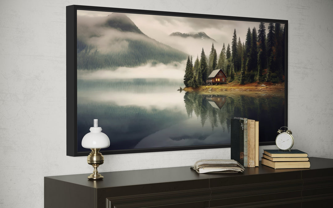Mountain Cabin On The Lake Large Summer Landscape Framed Wall Art