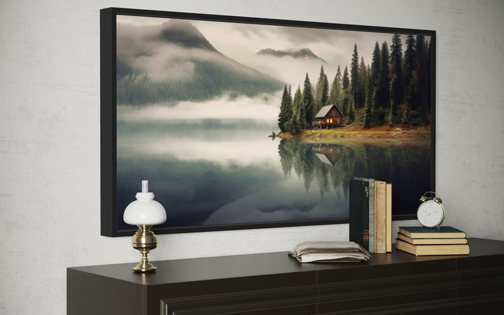 Mountain Cabin On The Lake Large Summer Landscape Framed Wall Art