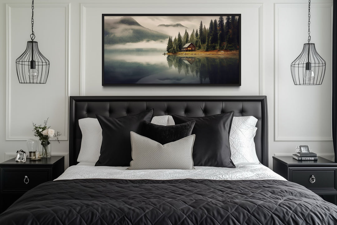 Mountain Cabin On The Lake Large Summer Landscape Framed Wall Art
