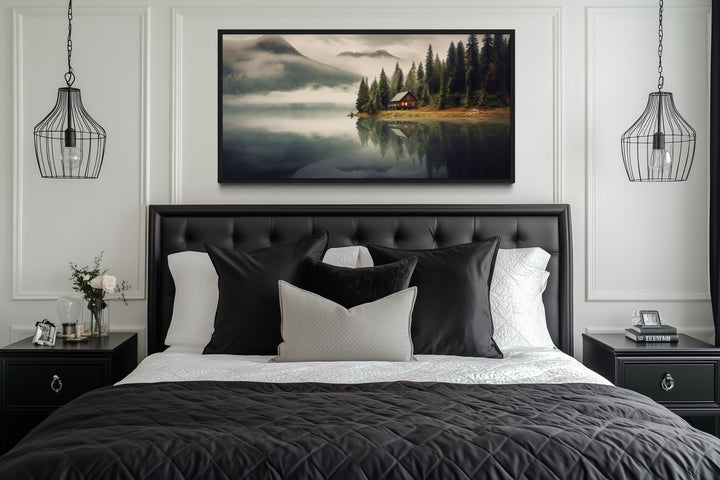 Mountain Cabin On The Lake Large Summer Landscape Framed Wall Art