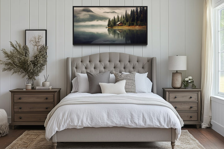 Mountain Cabin On The Lake Large Summer Landscape Framed Wall Art