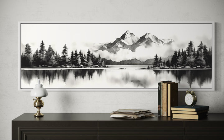 Mountain Lake Landscape Black And White Narrow Canvas Wall Art