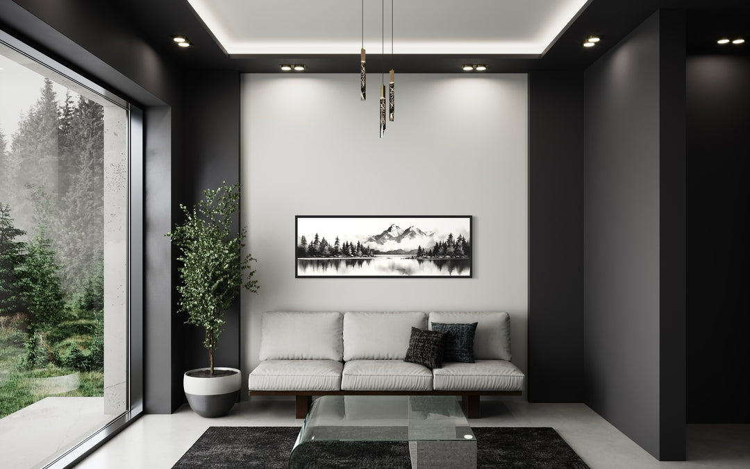 Mountain Lake Landscape Black And White Narrow Canvas Wall Art