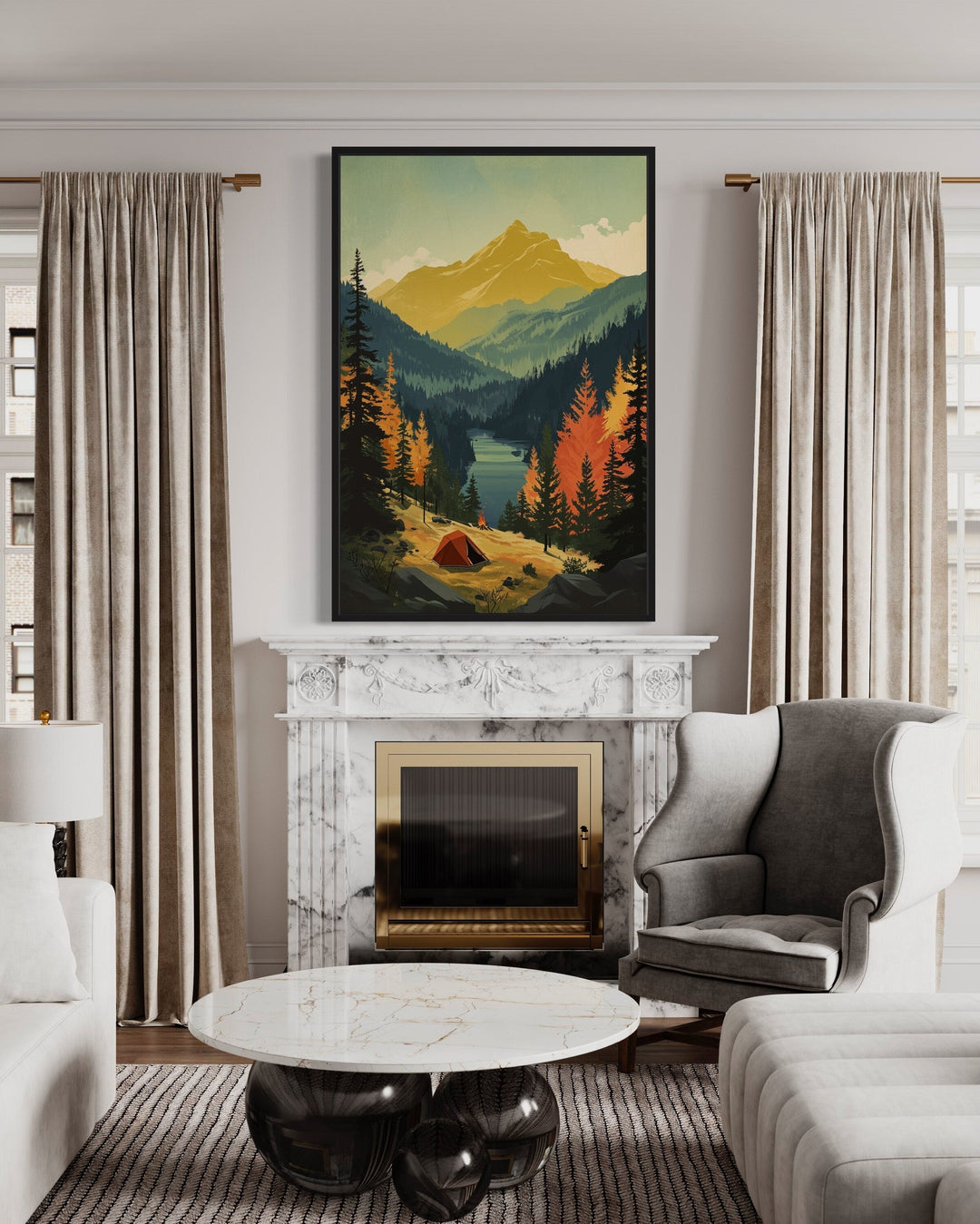 Mountain Lake Landscape Camping Tent Framed Canvas Wall Art