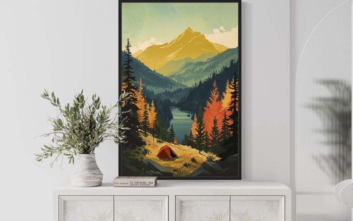 Mountain Lake Landscape Camping Tent Framed Canvas Wall Art