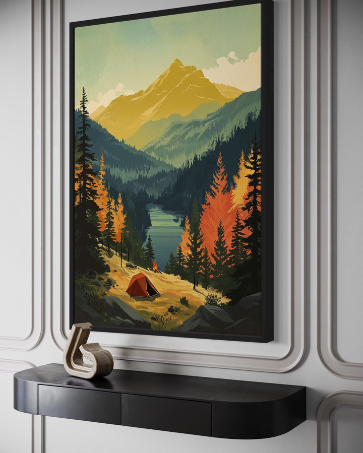 Mountain Lake Landscape Camping Tent Framed Canvas Wall Art