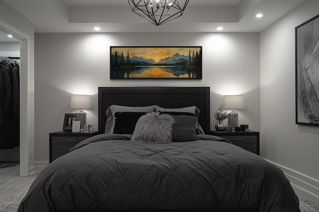 Mountain Lake Sunset Mid Century Modern Panoramic Wall Art