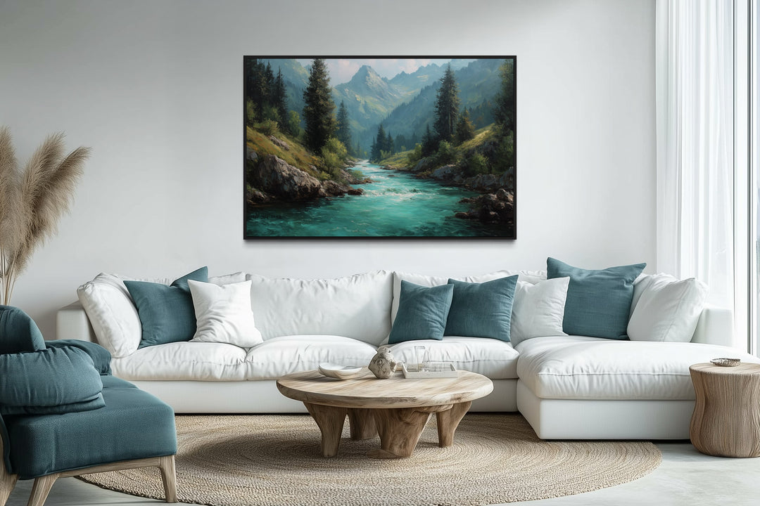Mountain River Forest Landscape Nature Framed Canvas Wall Art