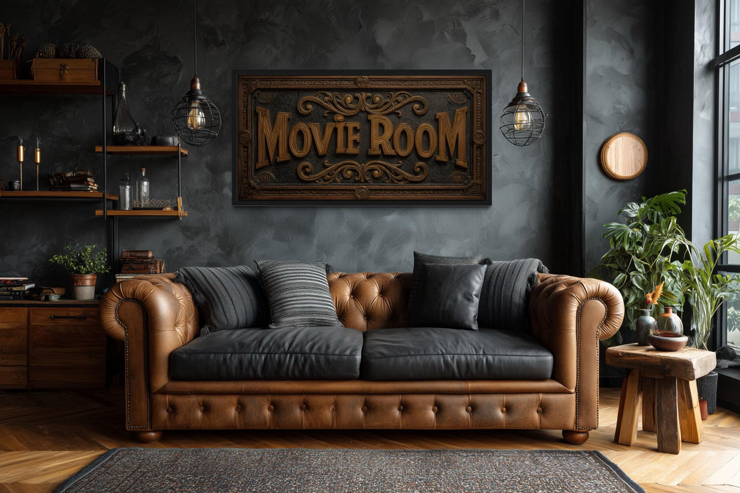 Movie Room Vintage Sign Framed Canvas Wall Art