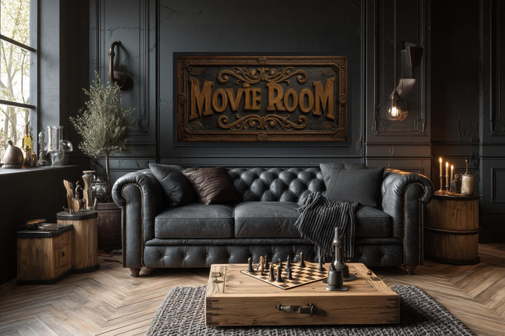 Movie Room Vintage Sign Framed Canvas Wall Art