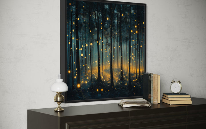 Mystical Forest With Fireflies And Golden Lights Framed Canvas Wall Art
