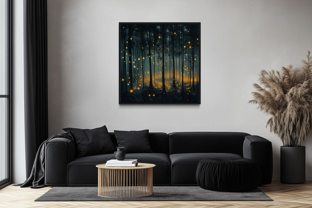 Mystical Forest With Fireflies And Golden Lights Framed Canvas Wall Art